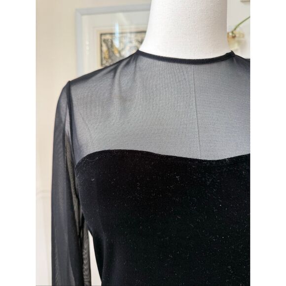 Xscape Illusion Neck Long Sleeve Black Velvet Top Beaded Fringe M - Picture 2 of 9